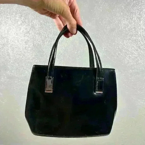 VINTAGE 90s Y2K Black Patent Leather Look Elegant Handbag Purse Women Small - Picture 3 of 13